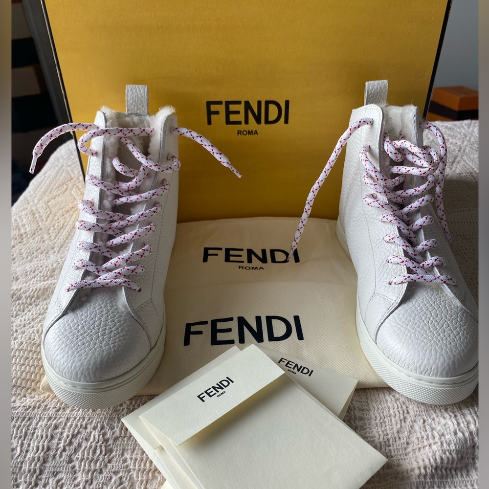 Authentic Fendi High Top leather and Shearling Sneakers